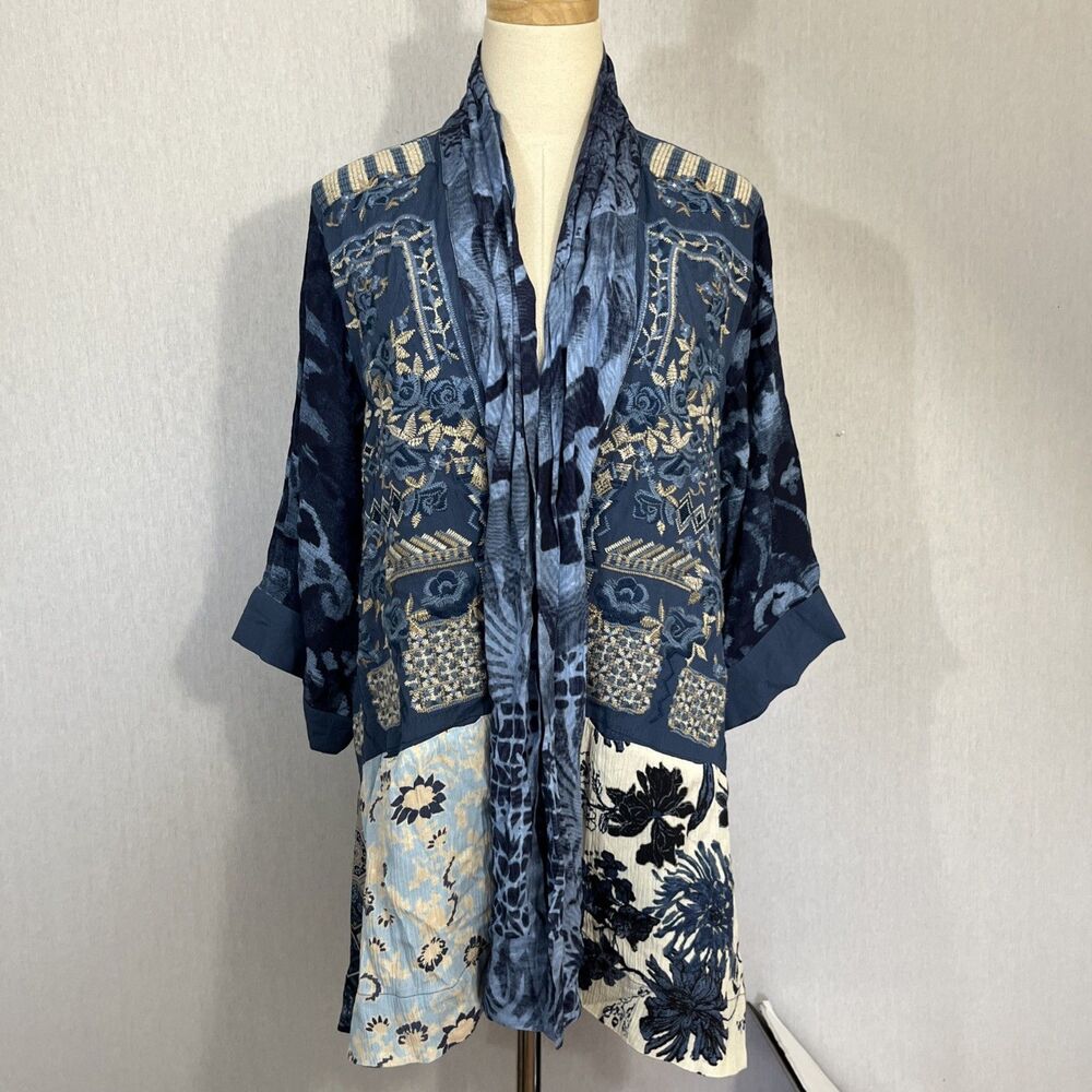Boho Patchwork Open-Front Kimono Jacket - Blue